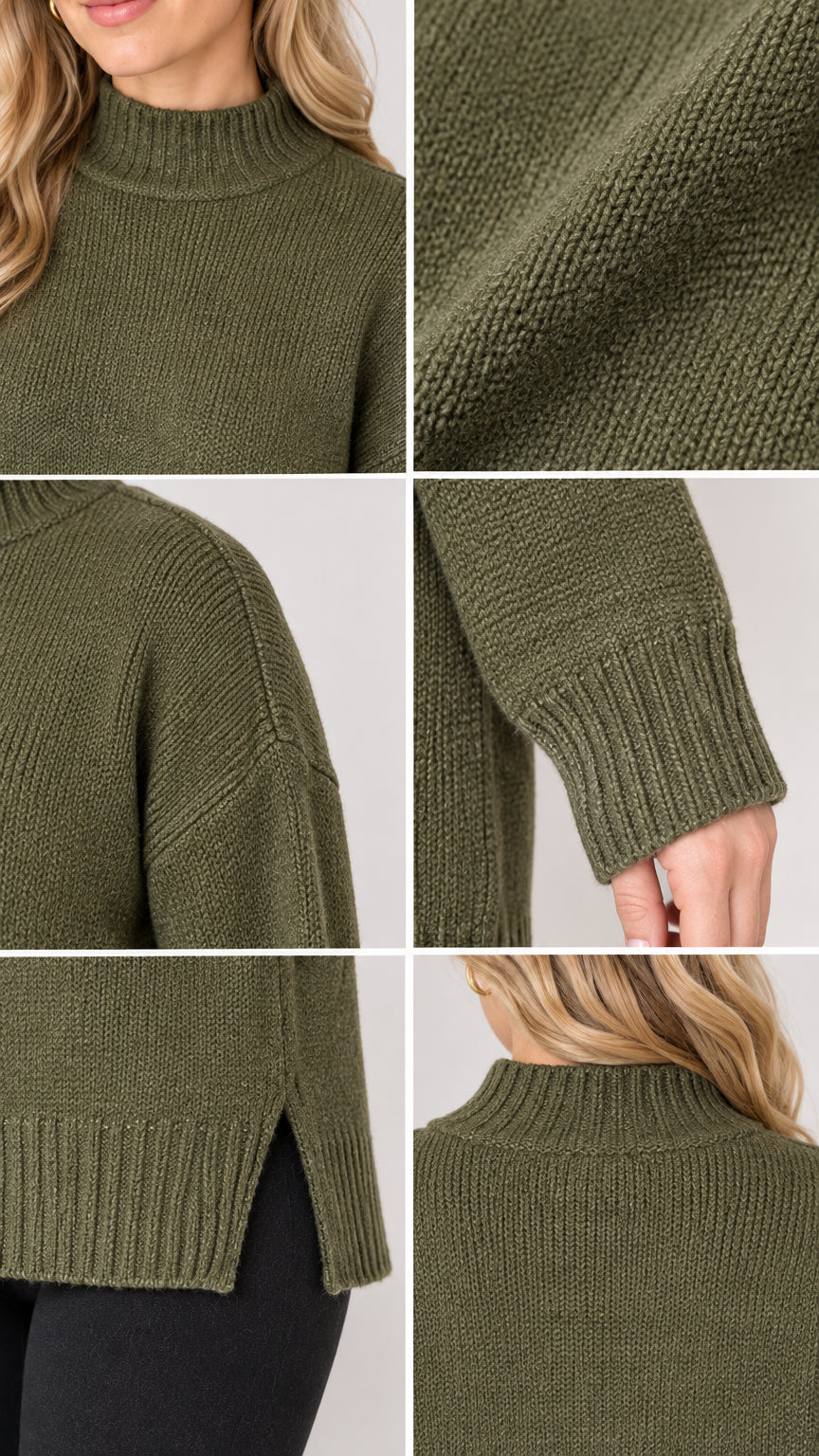 Close-up detail shots showing mock neck collar, knit texture, drop shoulder, ribbed cuff, and side split hem