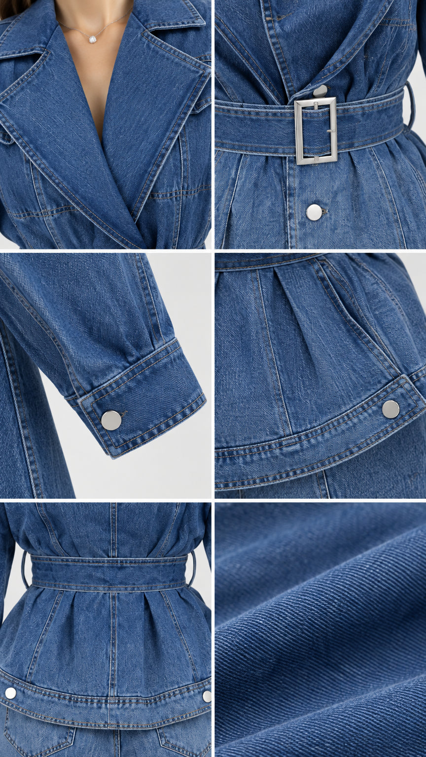Close-up collage of lapel neckline, belt buckle, sleeve cuff, and denim fabric texture