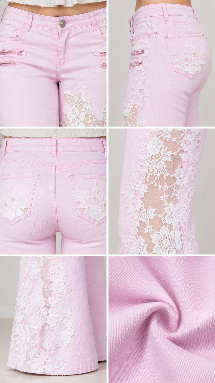 Close-up details of lace embroidery, front zip accents, and twill fabric texture on pink flare jeans