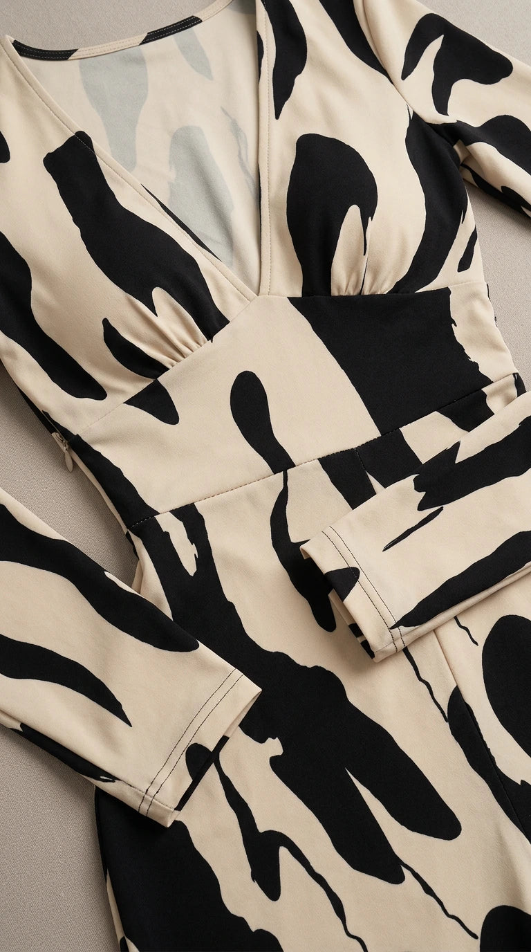 Bodice close-up of beige and black plunge V-neck jumpsuit with fitted waistband