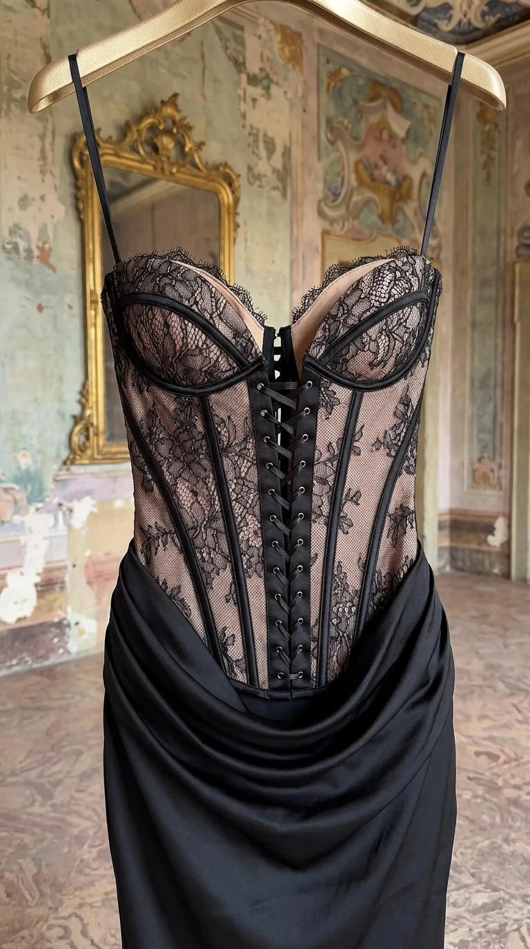 Close-up of black lace corset bodice with lace-up front, boning lines, and sweetheart neckline