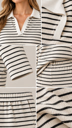 Detailed close-ups of ribbed knit texture, notched polo collar, sleeve hem, and elastic waistband