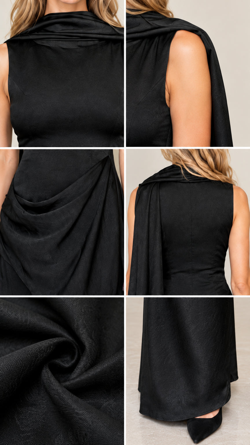 Collage of close-up construction details of black draped evening gown including cowl neck, sash, and fabric texture