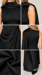 Collage of close-up construction details of black draped evening gown including cowl neck, sash, and fabric texture