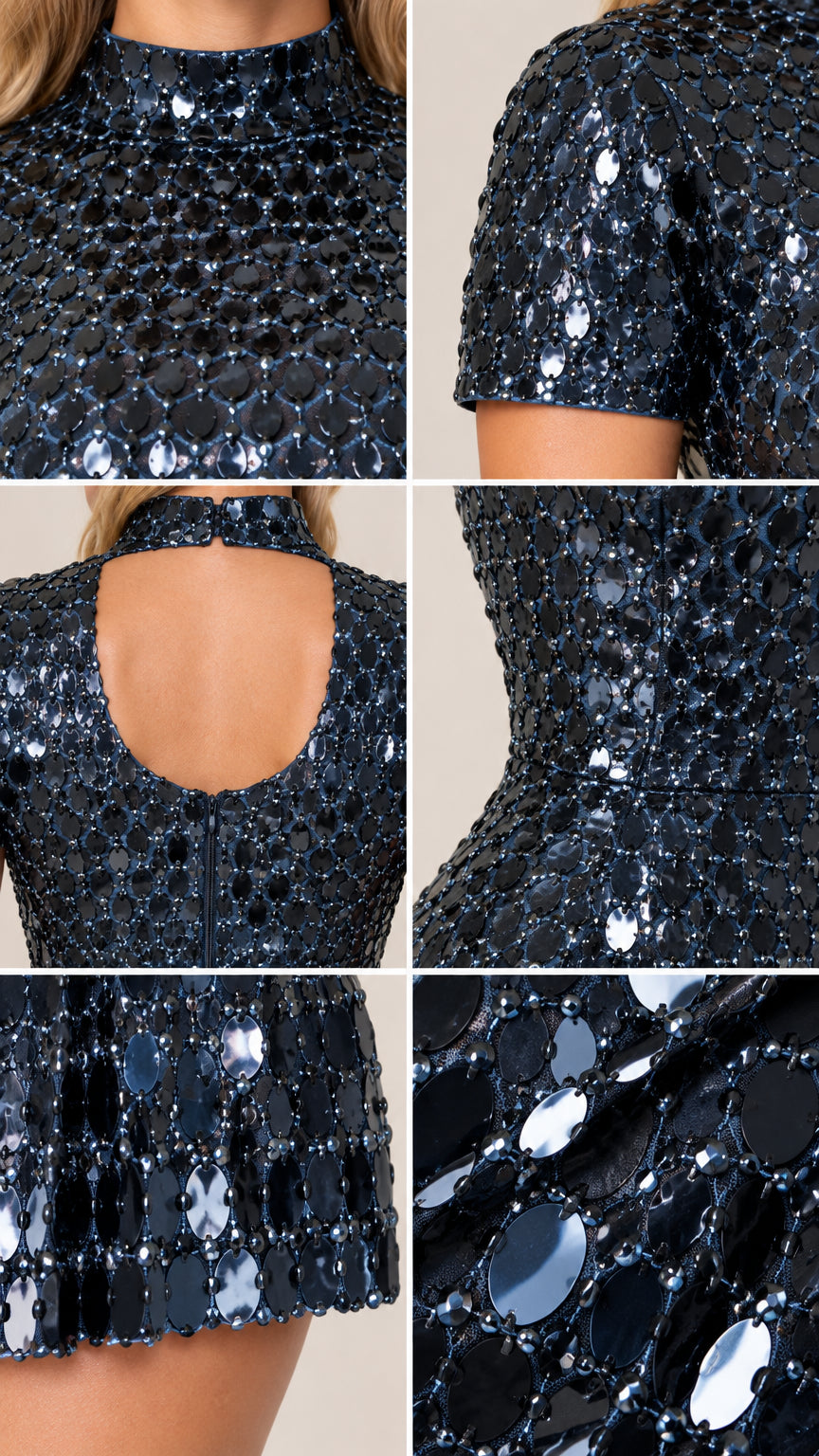 Close-up details of sequin embroidery, collar, short sleeve, and back cutout