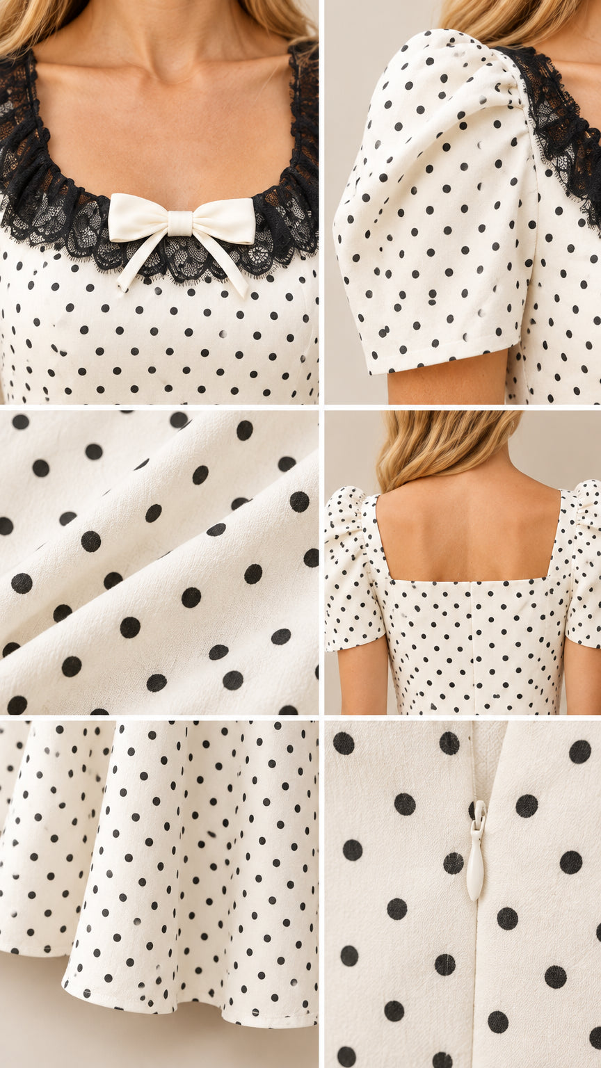 Close-up details of lace neckline with bow, puff sleeve, polka dot fabric texture, and hidden back zipper