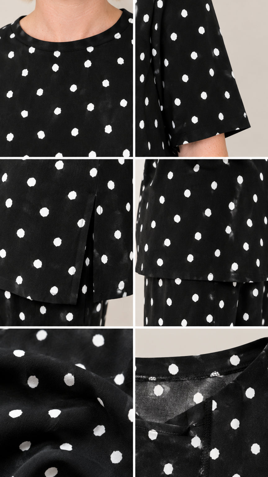 Close-up details of neckline, sleeve hem, side slits, and polka dot fabric texture