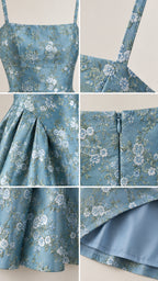 Detailed close-up collage of dusty blue floral jacquard fabric, straps, pleats, zipper, and lining