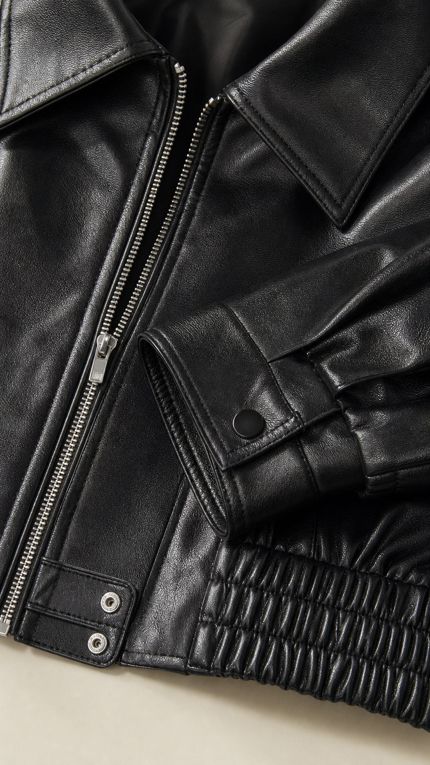 Close-up detail of black faux leather jacket collar, zipper, snap cuffs, and elastic hem