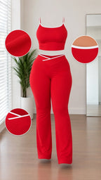 Product detail view showing contrast trim piping and crossover waistband on red set