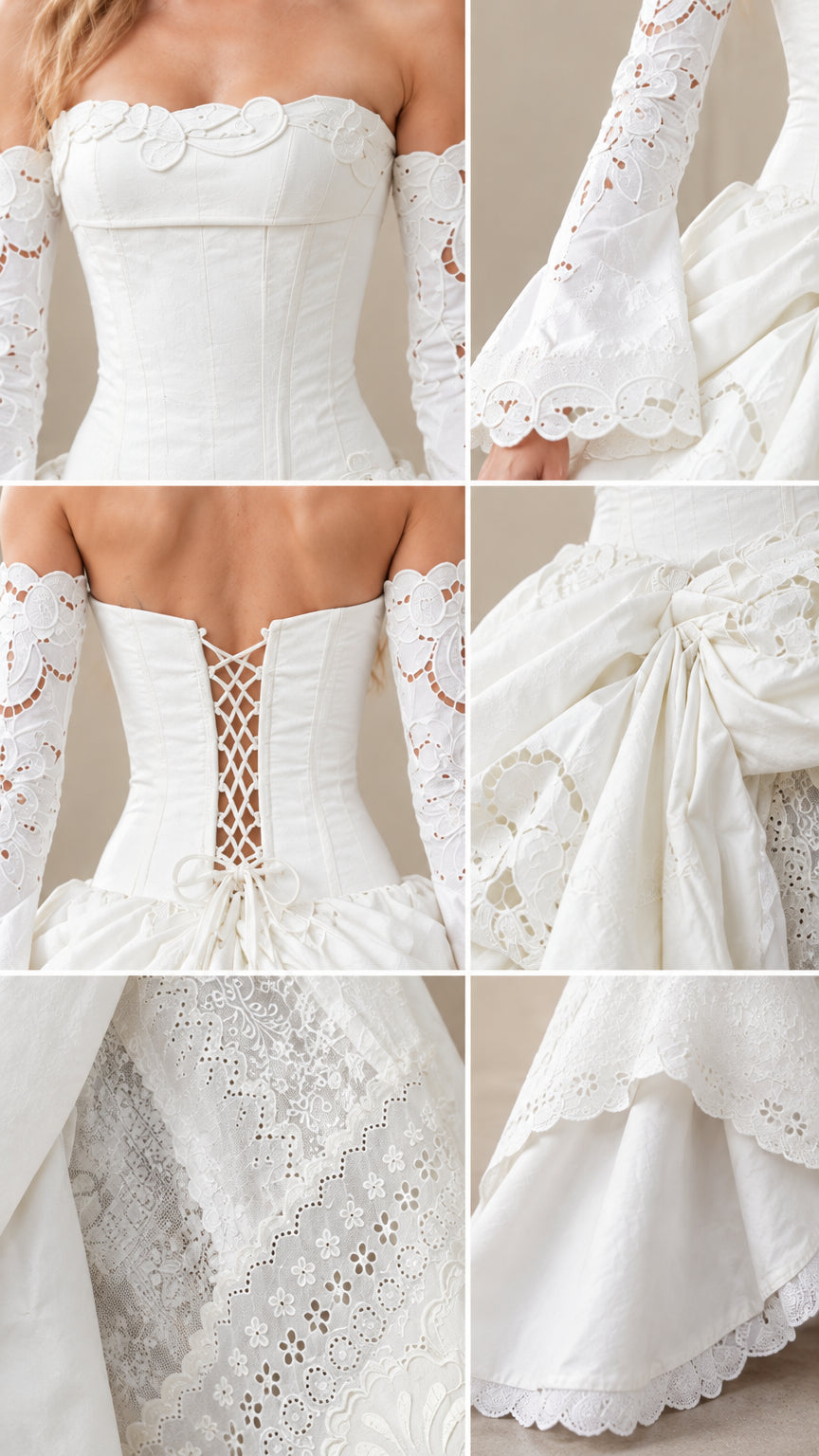 Close-up details of ivory corset bodice, eyelet embroidery, and scalloped hemline