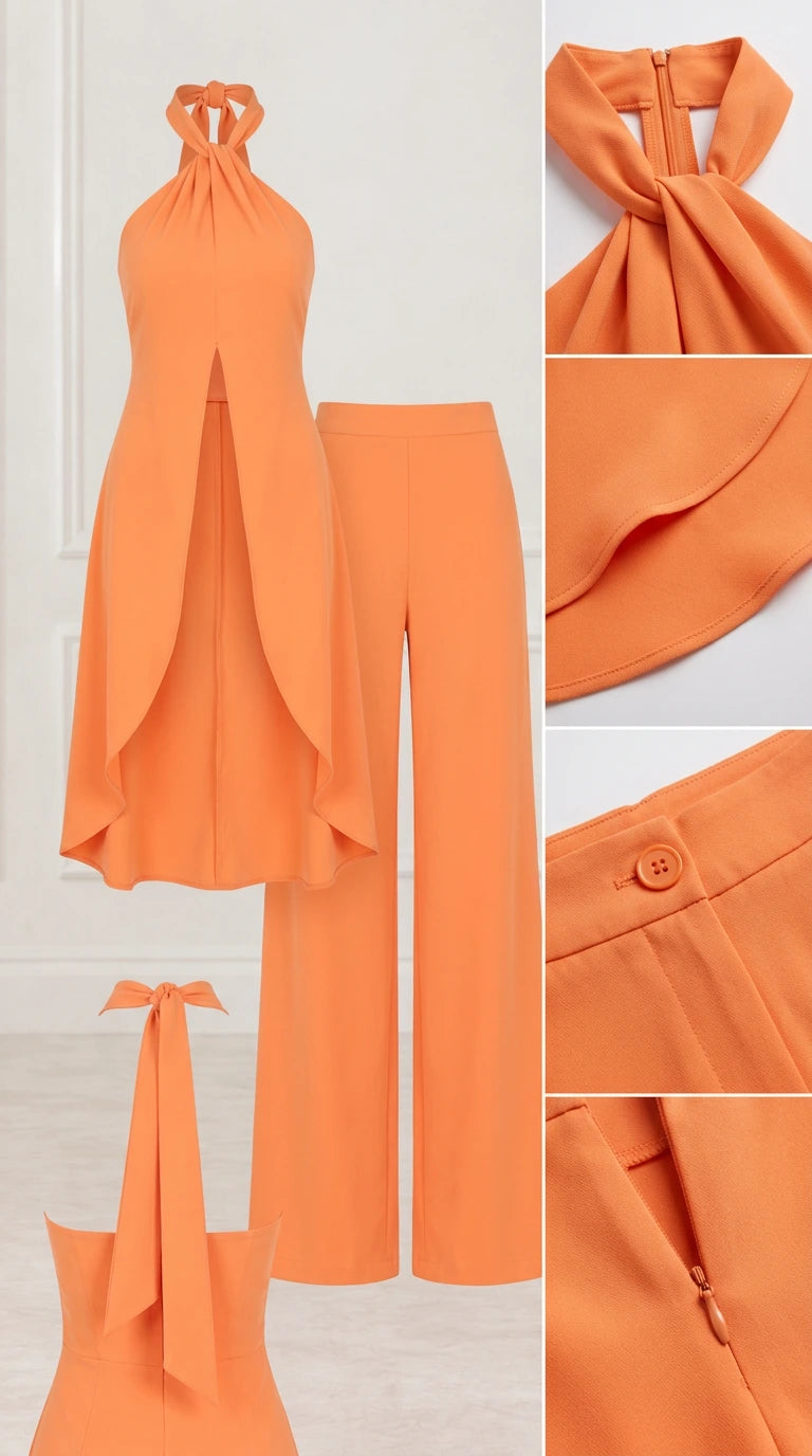 Flat lay view of orange halter top and wide leg pants set with detail insets of neckline and waistband