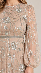 Close-up detail of champagne mesh fabric with intricate floral sequin embroidery