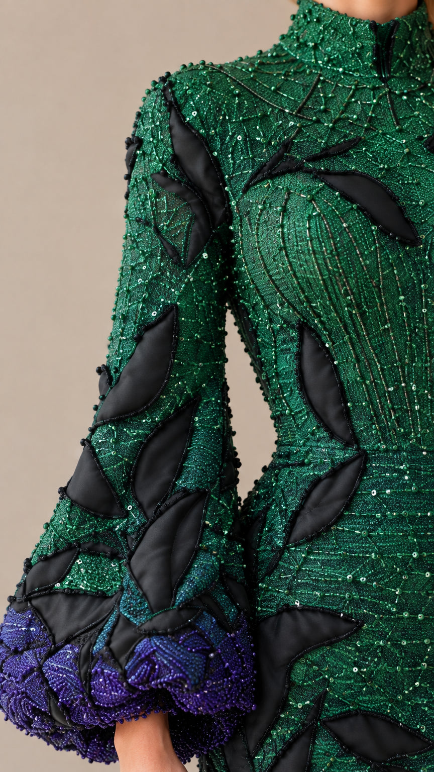 Close-up detail of emerald green beaded lantern sleeve with dimensional dark leaf appliqués