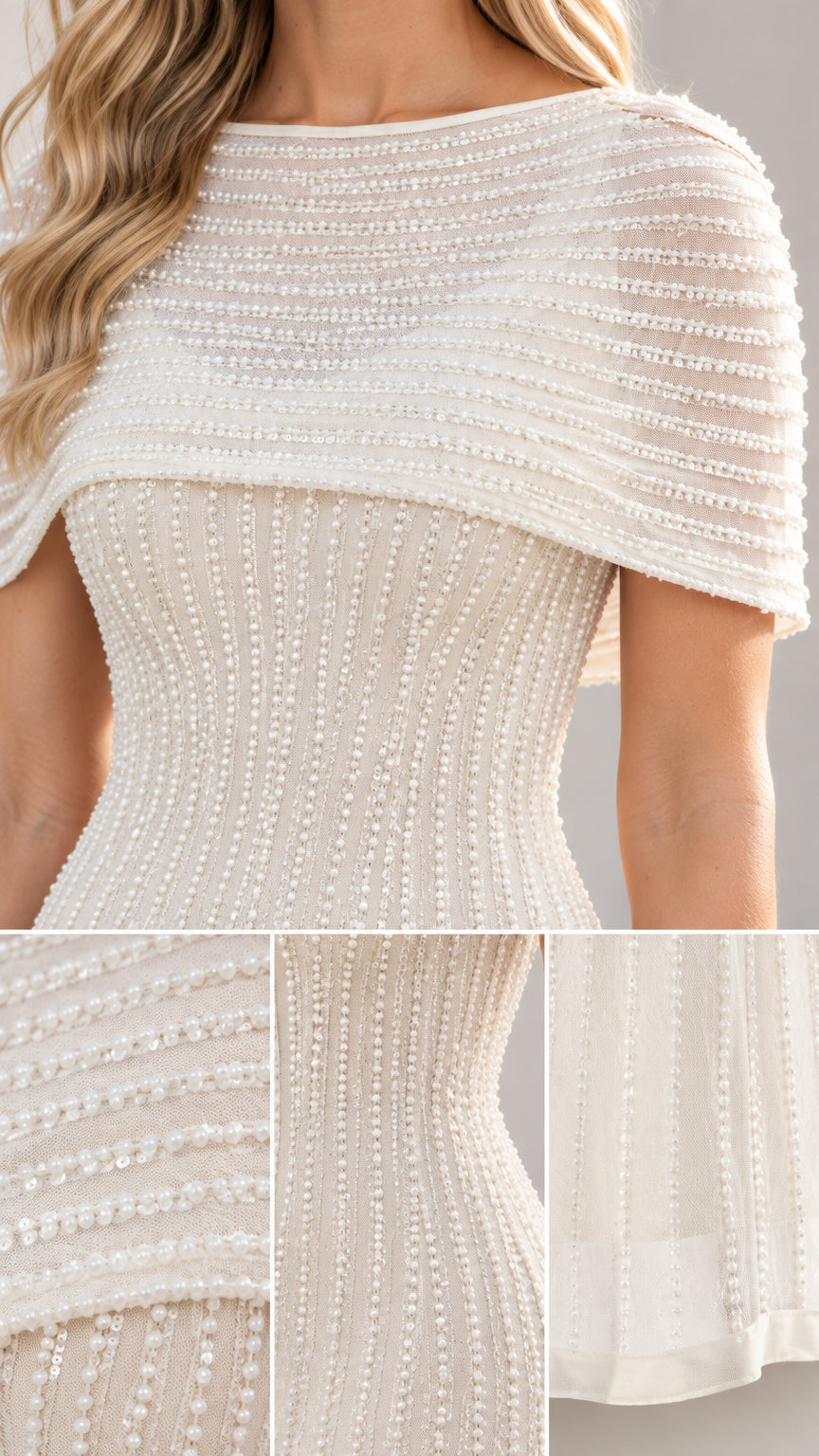 Close-up details of the beaded neckline, sheer capelet overlay, and linear beading