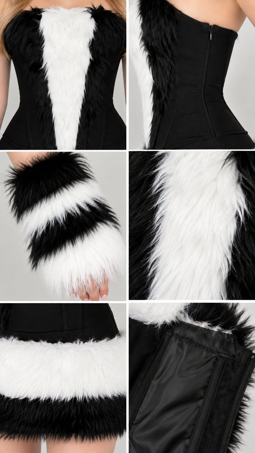 Close-up details of faux fur trim, bodice zipper closure, and striped cuffs