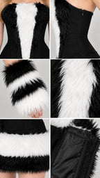 Close-up details of faux fur trim, bodice zipper closure, and striped cuffs
