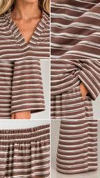 Detailed close-ups of the brown striped lounge set showing the V-neck collar, knit fabric texture, sleeve cuff, side pocket, waistband, and bottom hem