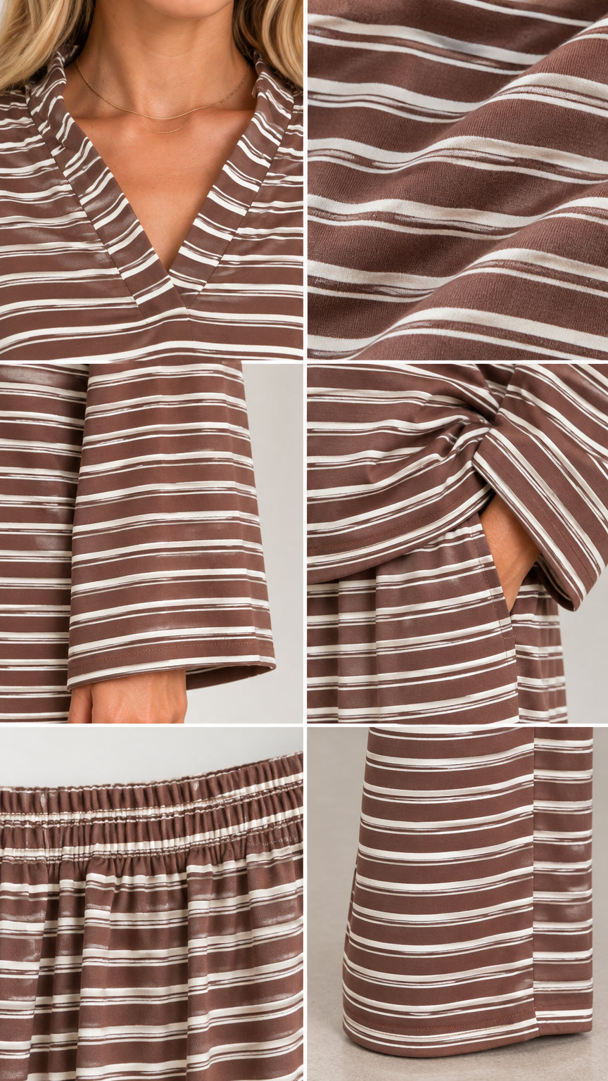 Detailed close-ups of the brown striped lounge set showing the V-neck collar, knit fabric texture, sleeve cuff, side pocket, waistband, and bottom hem