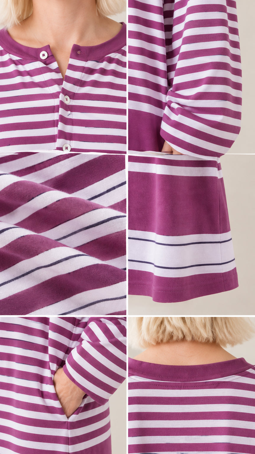 Detailed close-up shots of henley neckline, cuff, fabric texture, and side pocket