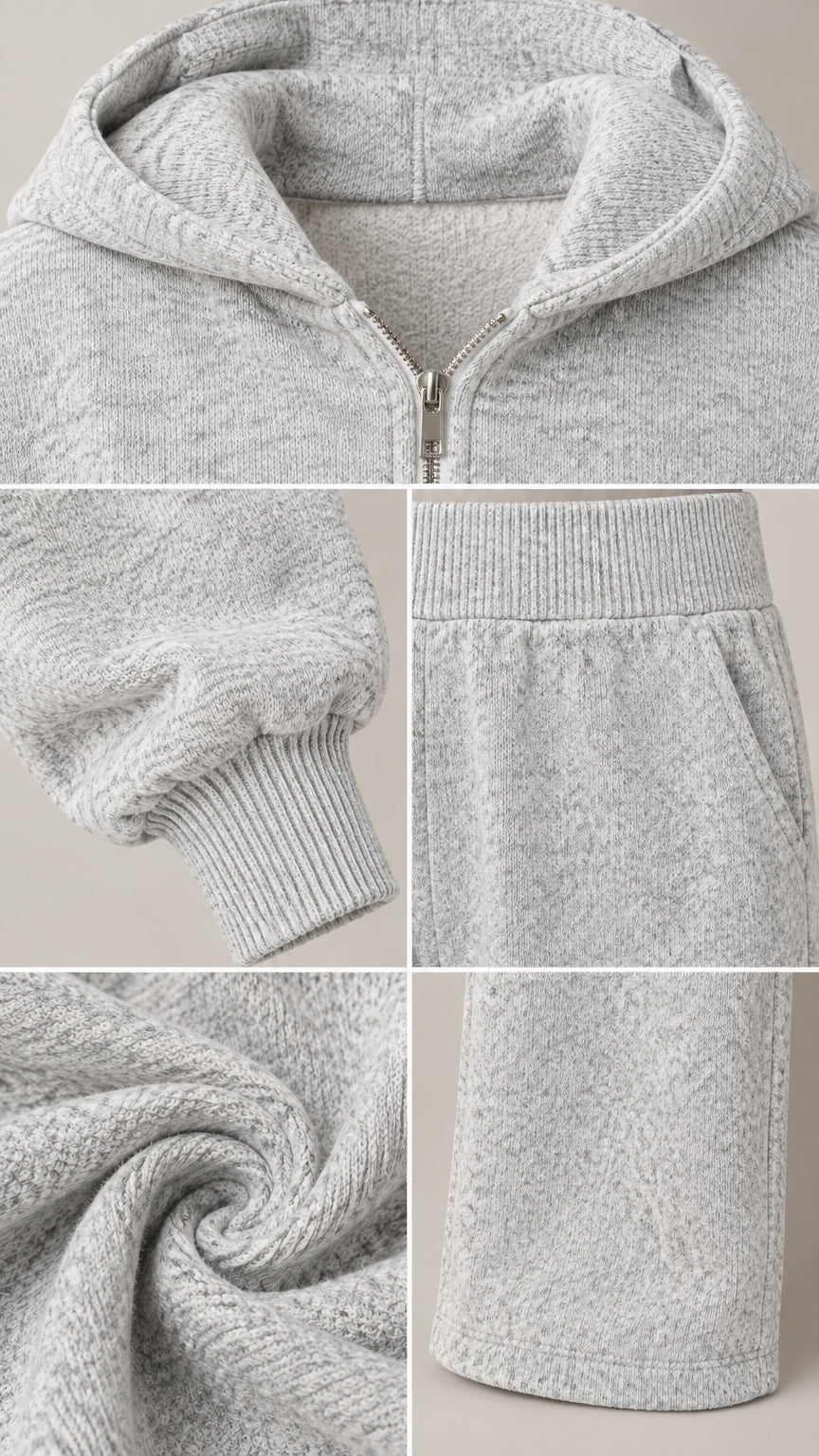 Close-up details of heather grey textured knit fabric, hood zipper, ribbed cuffs, and pants pockets