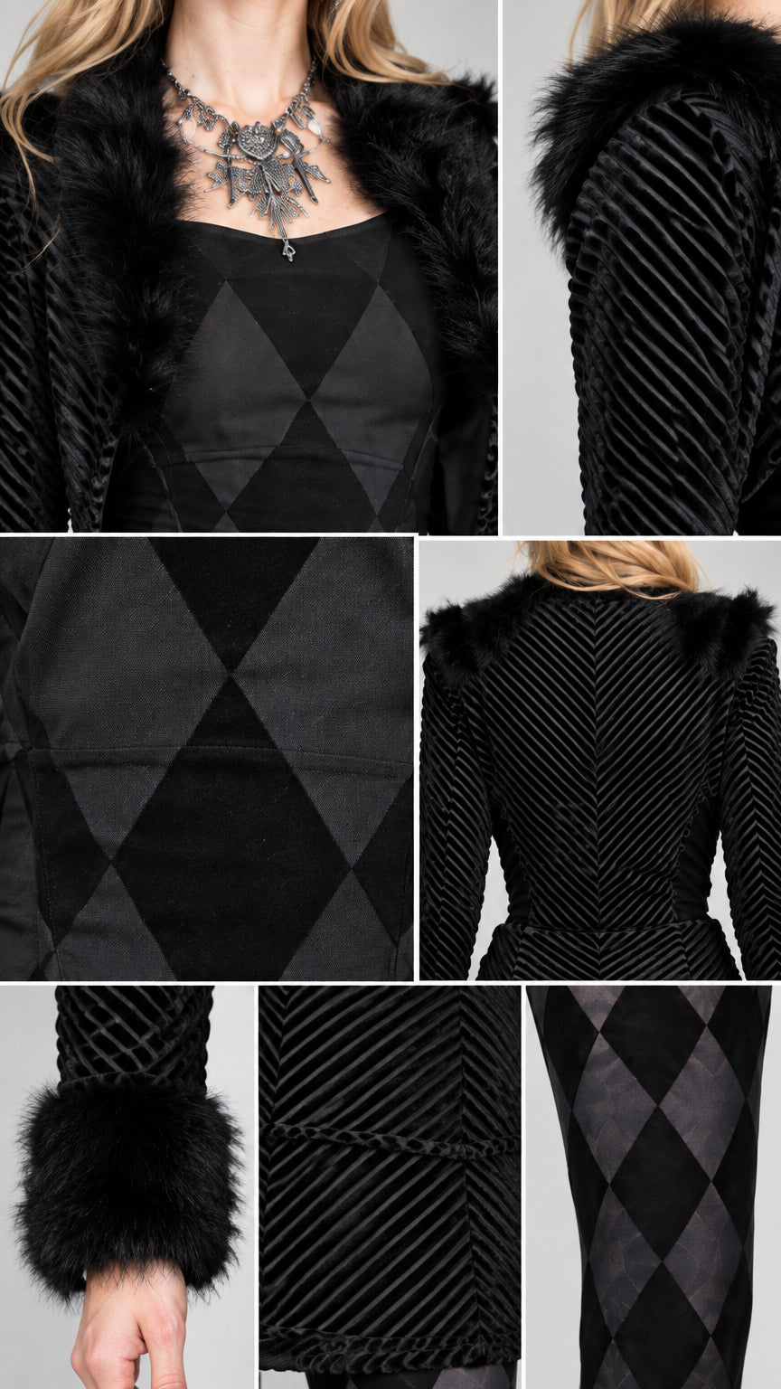 Close-up details of black set showing faux fur collar, diamond print fabric, and textured sleeve cuffs