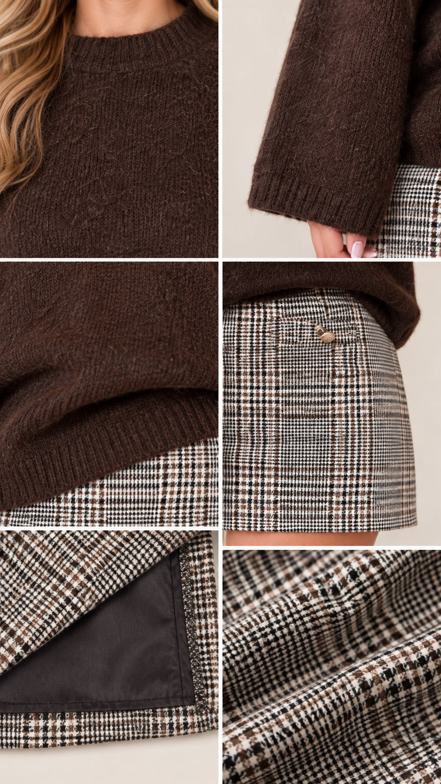 Detailed collage showing fuzzy knit sweater fabric, ribbed hem, cuffs, and lined plaid skirt with button accent