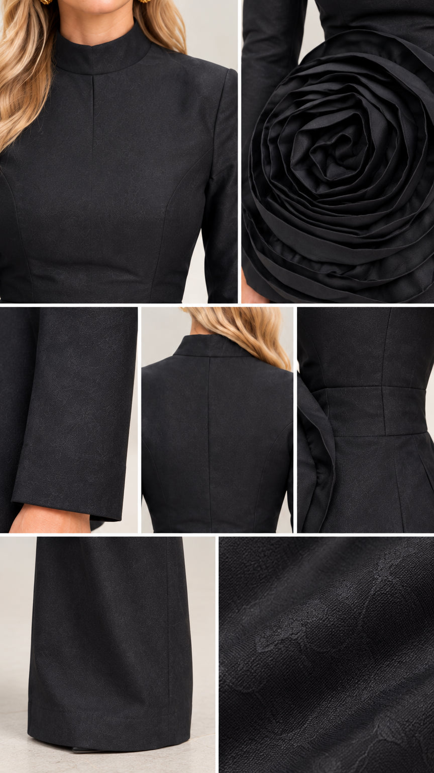 Detailed close-ups of high collar, 3D rosette appliqué, sleeve cuff, and textured fabric