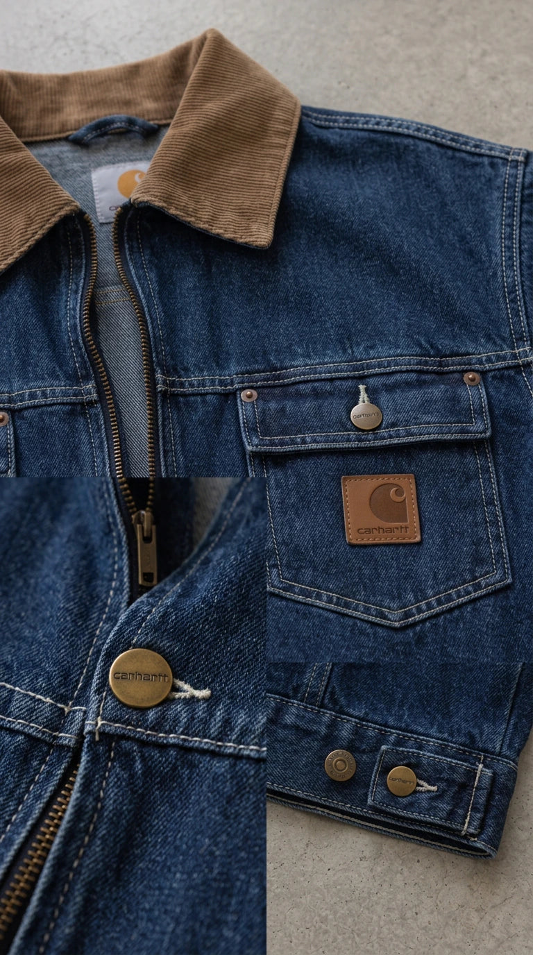 Close-up detail of brown corduroy collar, metal zipper, and chest pocket on blue denim jacket