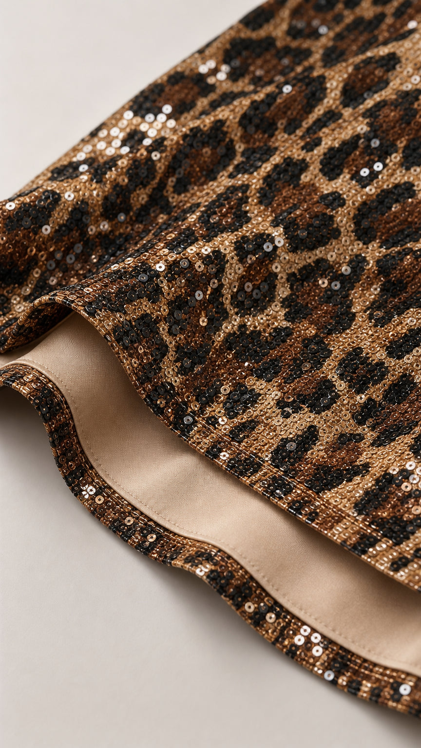 Detailed close-up of leopard sequin pattern and soft interior lining