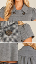 Detailed close-ups of gray blouse collar, button detail, fabric texture, and gathered sleeve