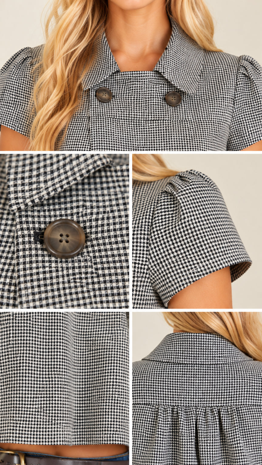 Detailed close-ups of gray blouse collar, button detail, fabric texture, and gathered sleeve
