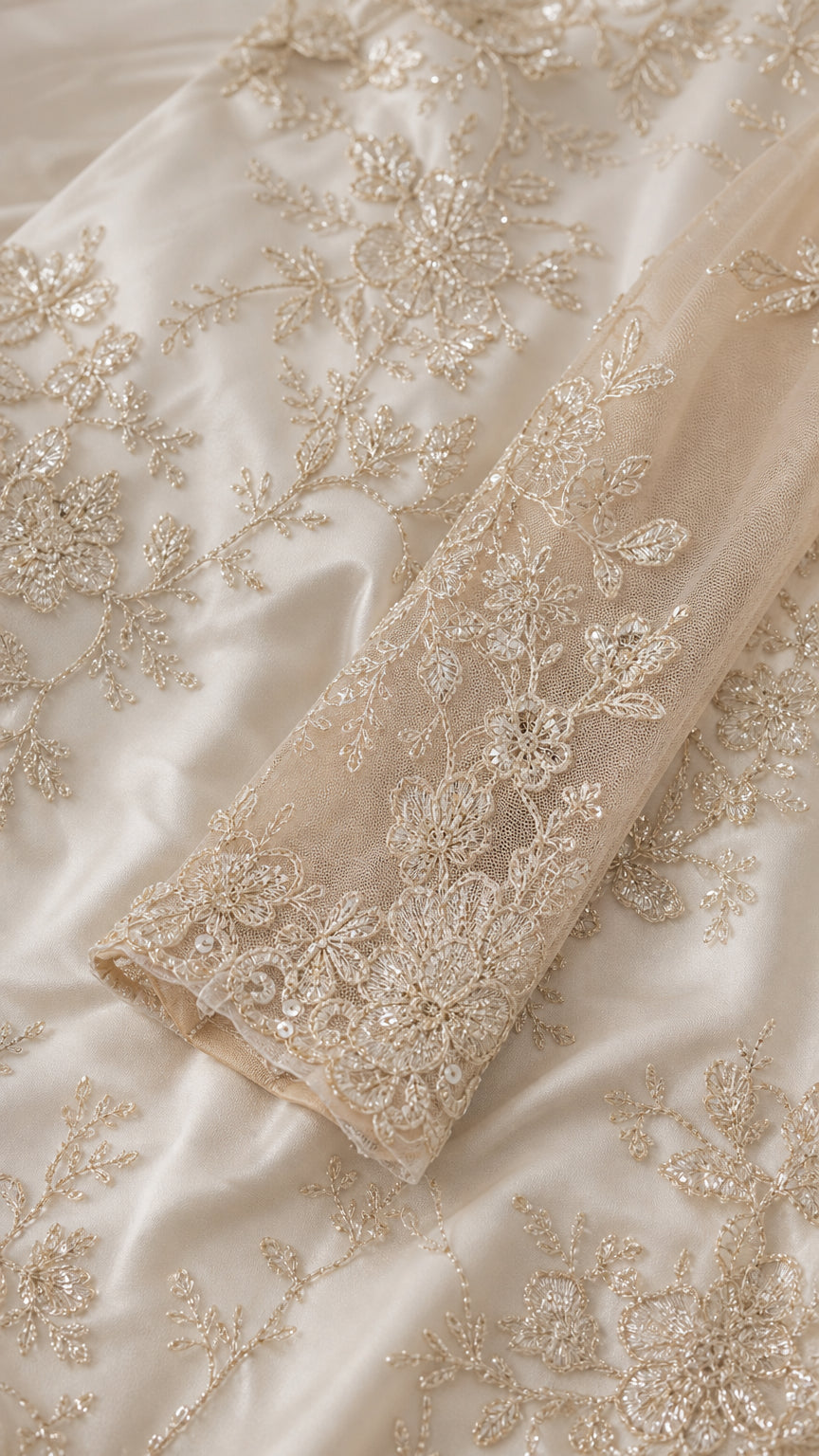 Close-up detail of sheer long sleeve cuff with delicate floral embroidery