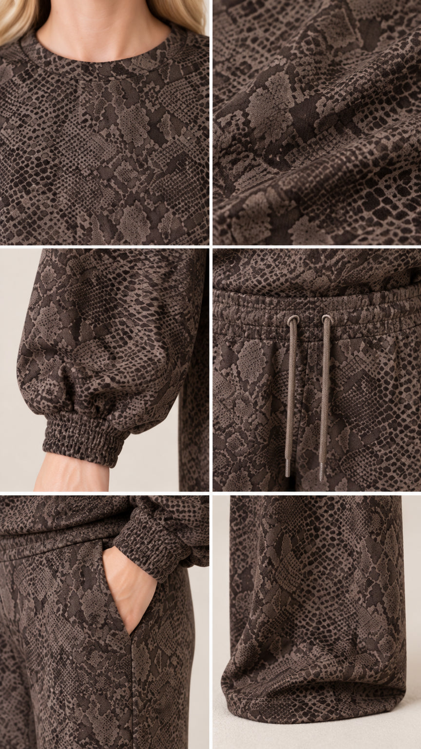 Close-up details of brown snakeskin loungewear fabric, neckline, elastic cuff, drawstring, and pockets