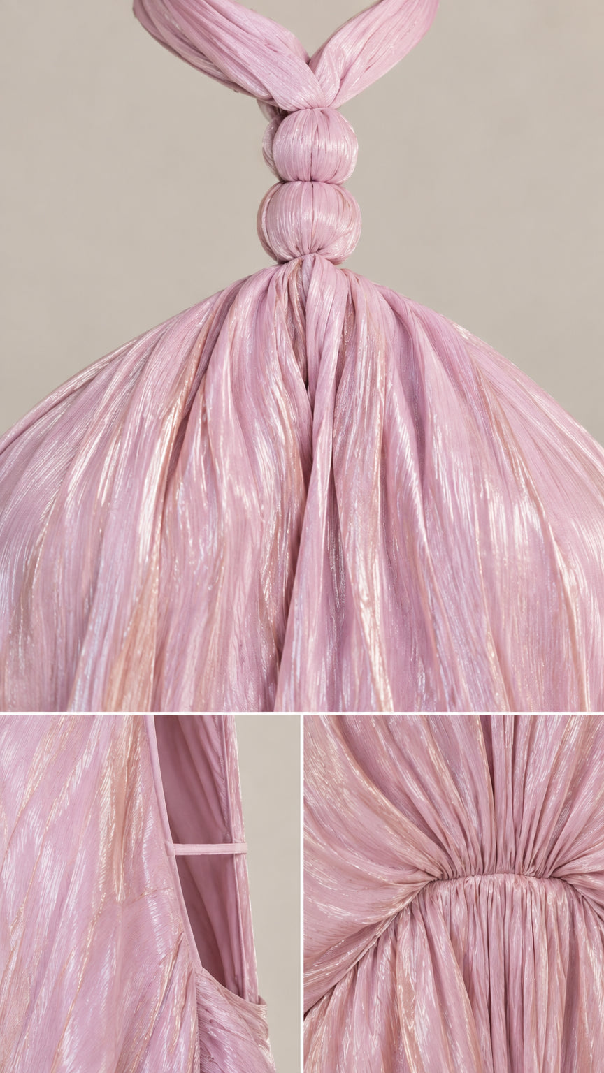 Detailed close-ups of knotted halter neckline, interior strap, and plissé pleated tier construction