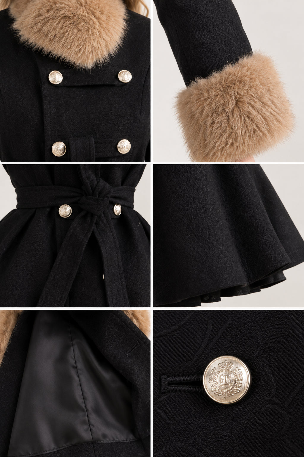 Close-up details of black coat faux fur collar, buttons, belt, and lining