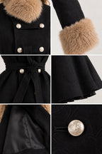 Close-up details of black coat faux fur collar, buttons, belt, and lining