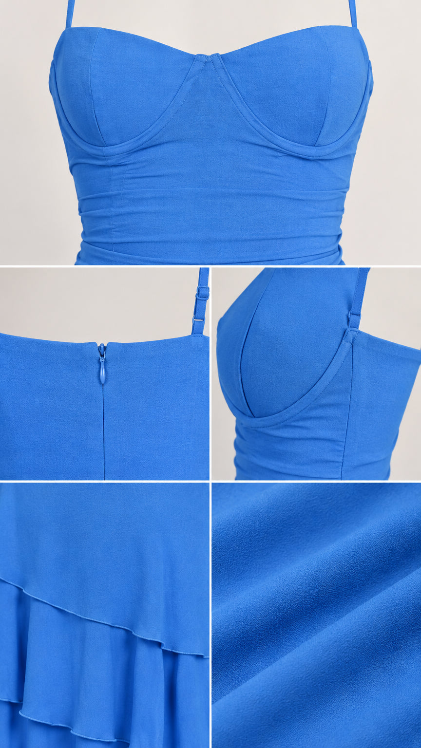 Close-up details of royal blue structured bodice, sweetheart cups, zipper, and fabric texture
