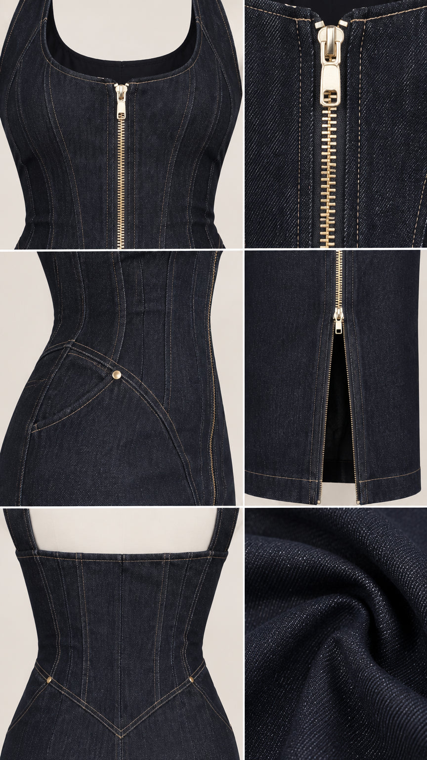 Close-up details of metallic front zipper, waist corset seams, curved pockets, and denim fabric texture