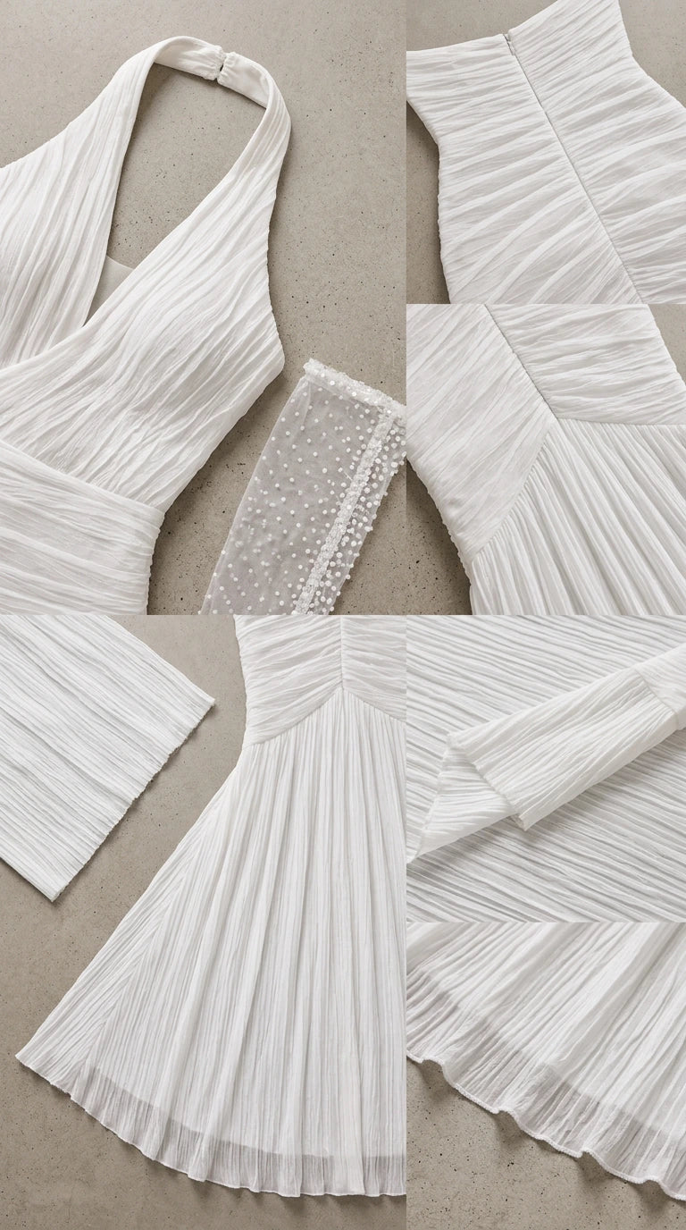 Close-up detail collage showing halter collar, back zipper, textured sheer gloves, and pleated hem