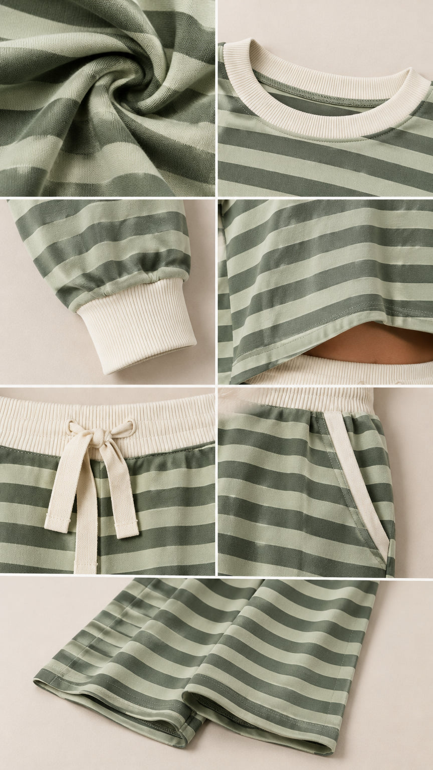 Close-up details of ribbed crewneck, cuffs, drawstring waistband, side pocket, and fabric drape