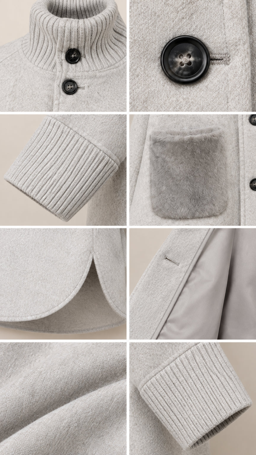 Close-up details of ribbed collar, front buttons, ribbed cuff, and plush pocket texture on light grey coat