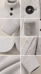 Close-up details of ribbed collar, front buttons, ribbed cuff, and plush pocket texture on light grey coat