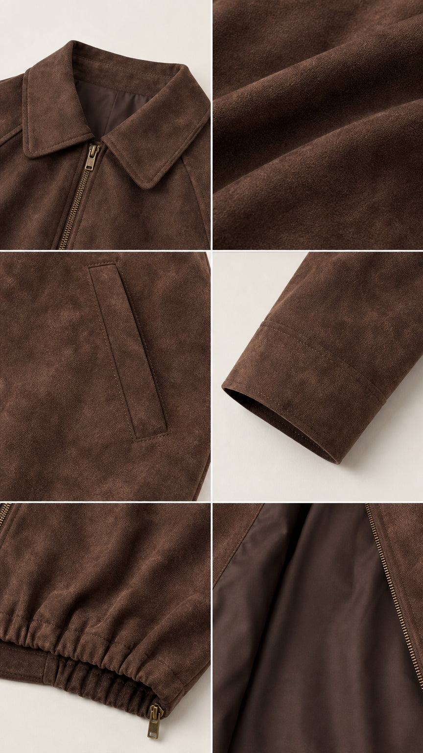 Close-up detail of the faux suede jacket collar, zipper, pocket, cuff, and smooth lining