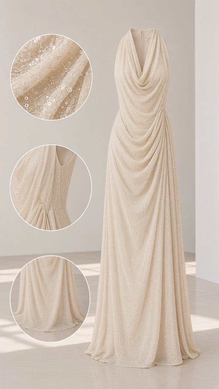 Detail zooms and full length view of Champagne cowl neck sequin gown