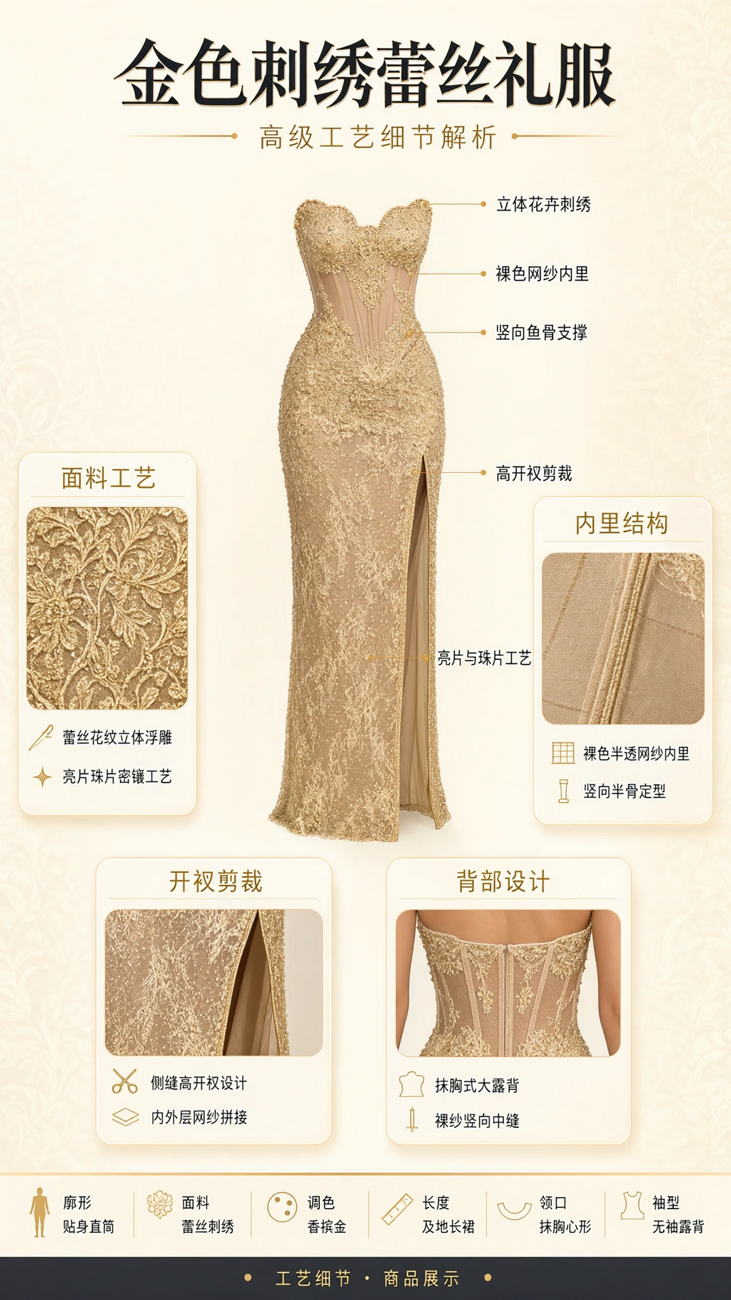 Product diagram highlighting embroidery craftsmanship, internal boning, lining, and slit details