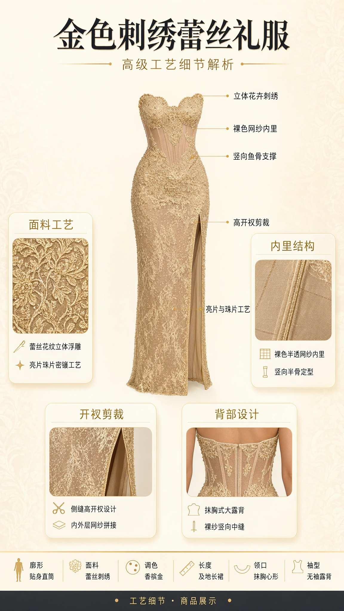 Product diagram highlighting embroidery craftsmanship, internal boning, lining, and slit details
