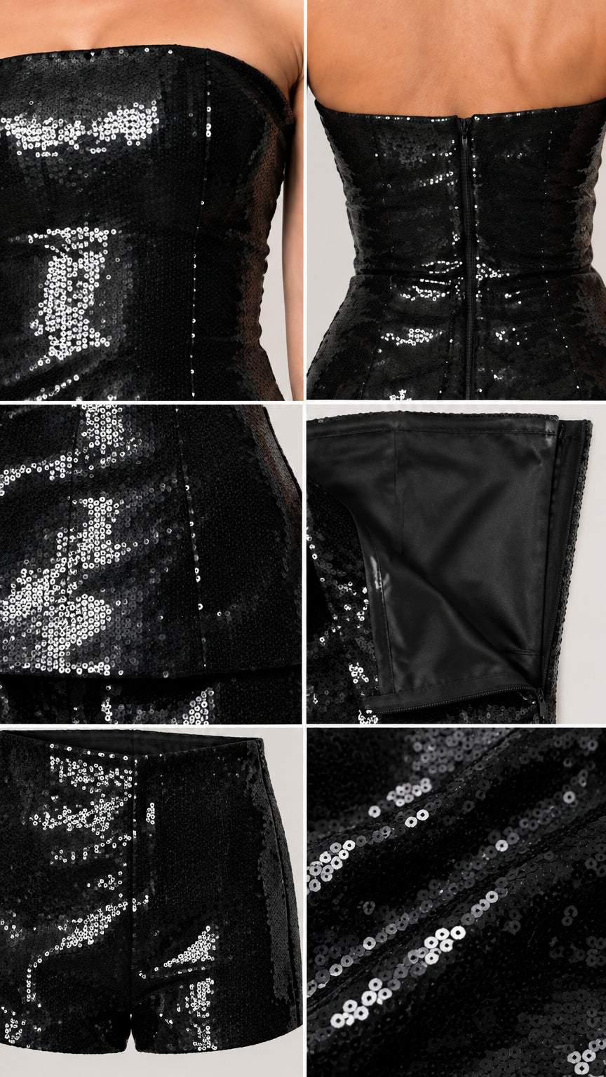 Close-up details of black sequin bodice seams, back zipper closure, and interior lining
