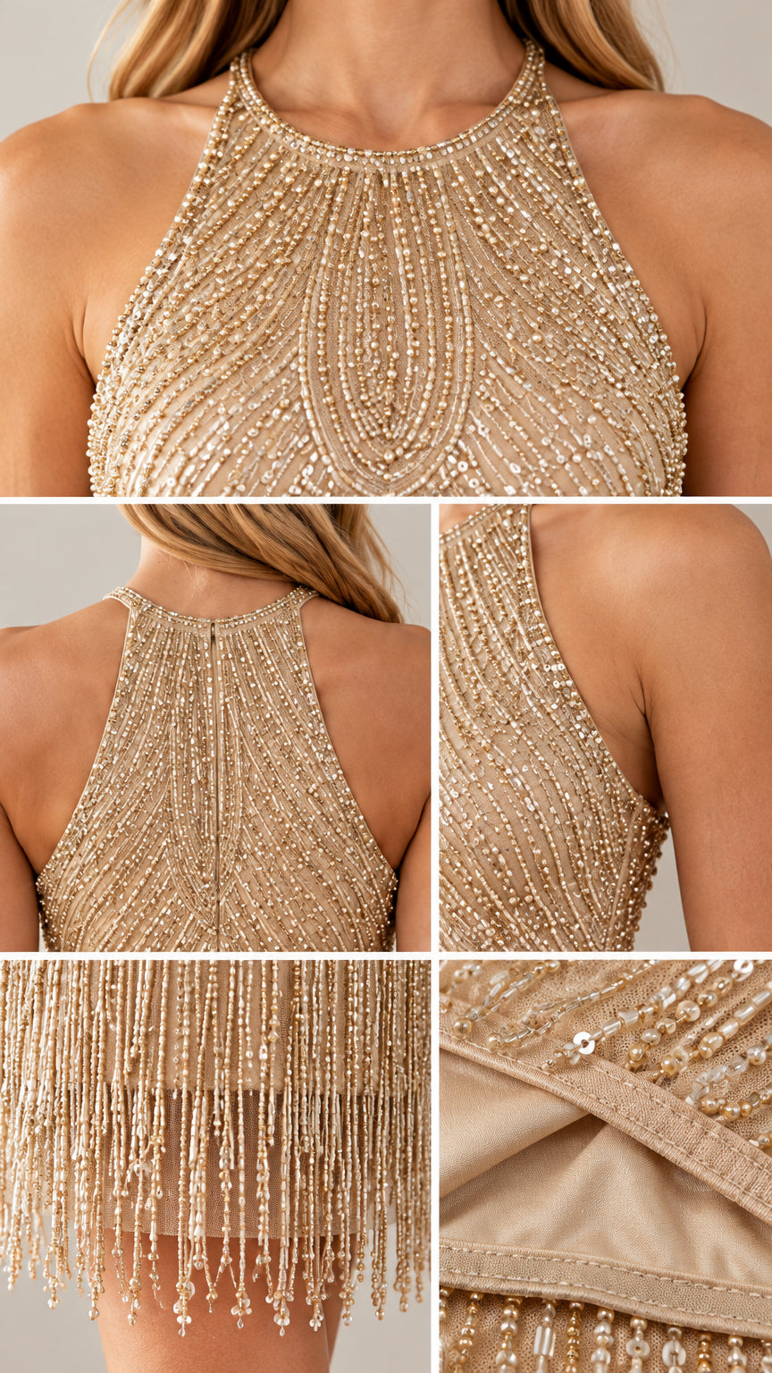Detailed closeups of halter neckline, beaded bodice, zipper back, and fringe hem
