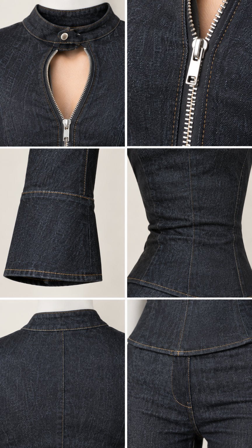Close-up details of mock neck keyhole collar, metal zipper, bell cuff, and waist seams